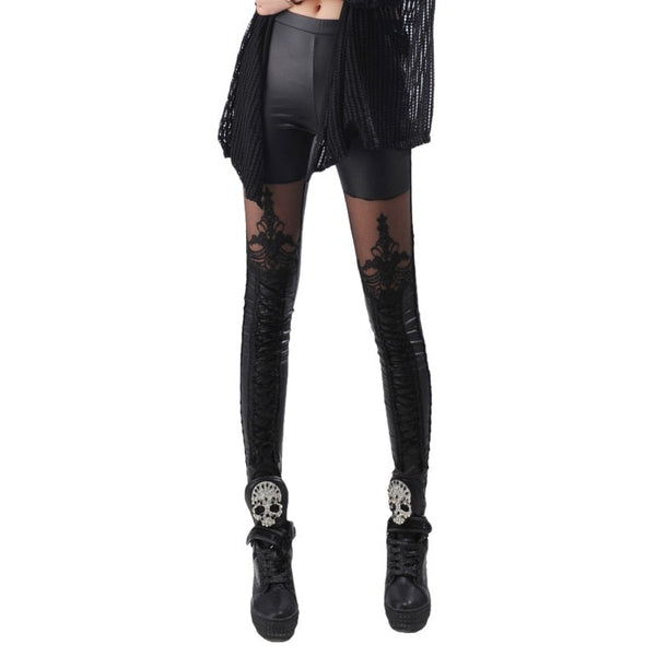 Leggings Punk Gothique Femme Cross Lace-Up - Pantalon Cuir Artificiel Skinny