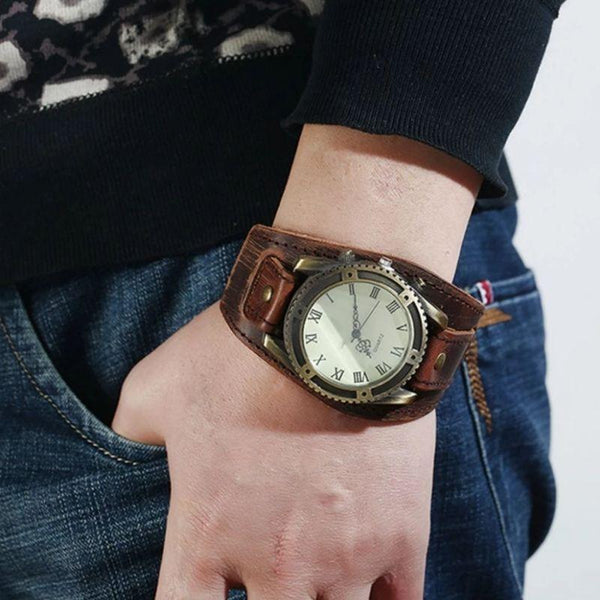 Montre Homme Cuir Punk Steampunk - Cadran Noir, 3 Sous-cadrans, Bracelet Cuir Réglable 20,5-26,5 Cm
