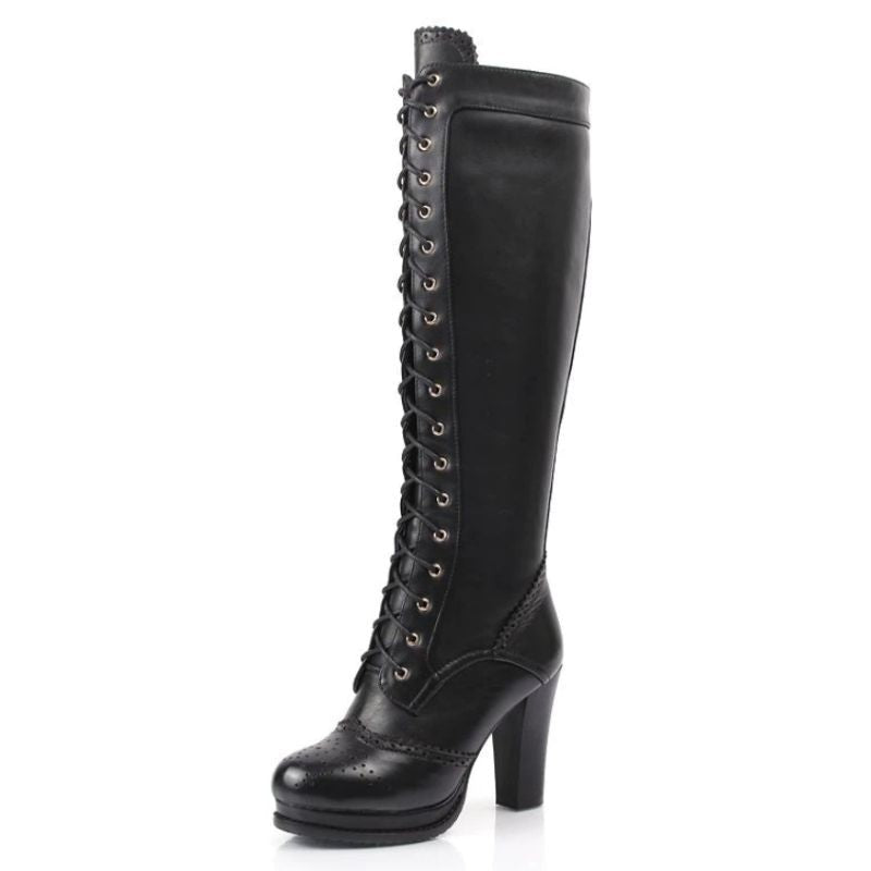 Bottes victoriennes a lacets en cuir noir pour femme, vue de cote