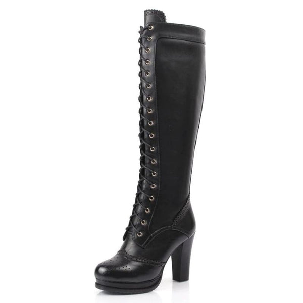 Bottes victoriennes a lacets en cuir noir pour femme, vue de cote