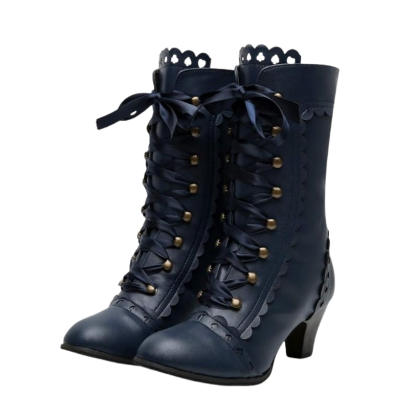 Bottines Steampunk Victoriennes à lacets bleu marine, vue de face