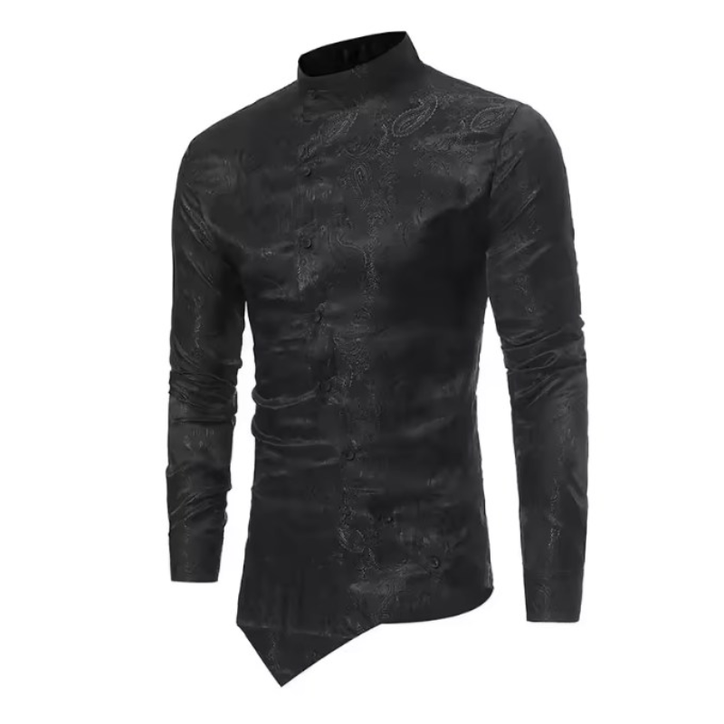 Chemise Asymétrique Homme noire motif paisley jacquard, vue de face, col mao