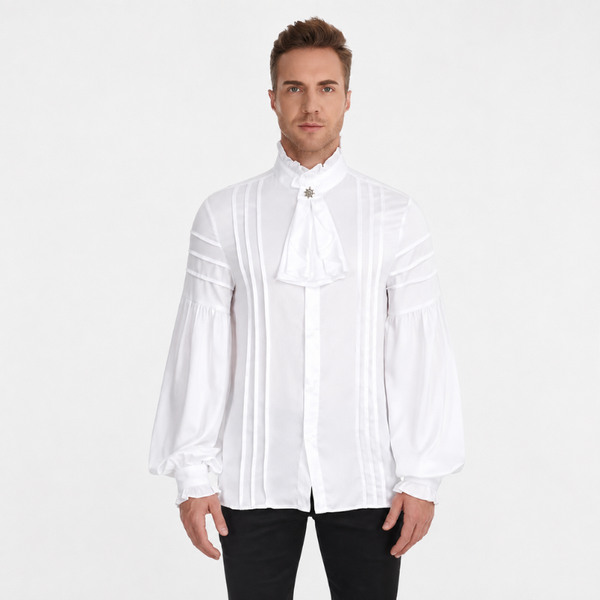Chemise steampunk homme à jabot blanche portée de face par un mannequin