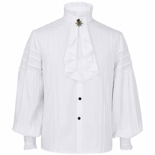 Chemise steampunk homme à jabot blanche avec broche gouvernail, vue de face
