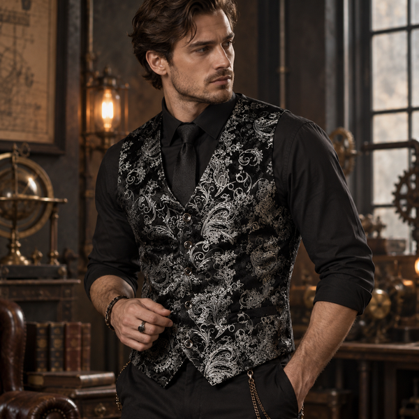 Gilet Costume Homme Imprimé Argenté porté en ambiance