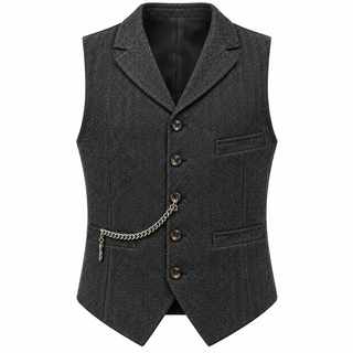 Gilet steampunk homme sans manche gris foncé, chaîne de montre, vue de face