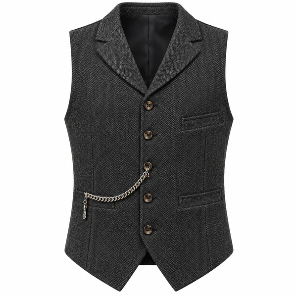 Gilet steampunk homme sans manche gris foncé, chaîne de montre, vue de face