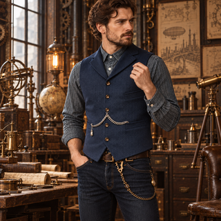 Homme portant le gilet steampunk sans manche bleu marine dans un atelier, vue de face