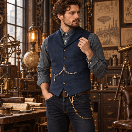 Homme portant le gilet steampunk sans manche bleu marine dans un atelier, vue de face