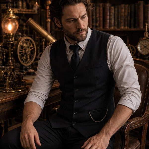 Gilet Vintage - noir porté, ambiance atelier steampunk