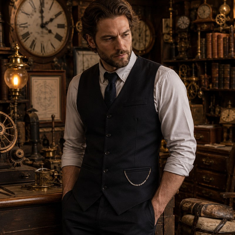 Gilet Vintage - noir porté, ambiance horlogerie steampunk