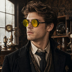 Lunettes de Soleil Steampunk Vintage - portée verres jaunes, ambiance atelier steampunk
