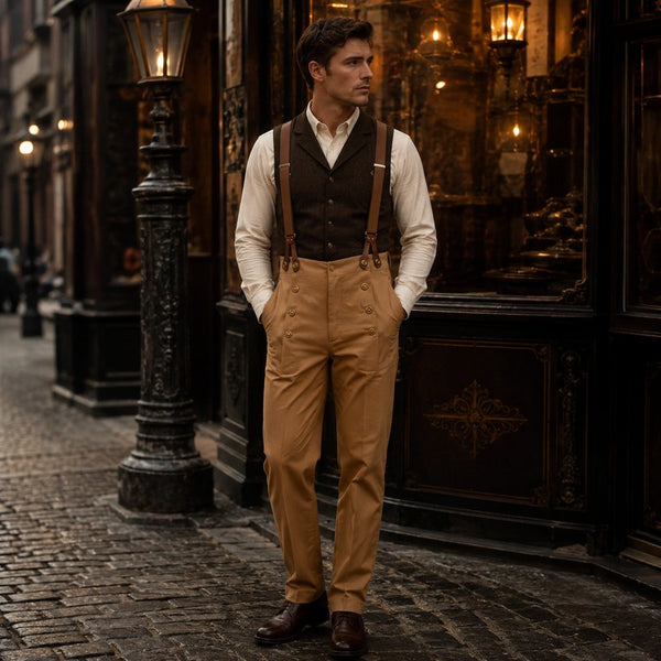 Pantalon à Pince Victorien Homme - beige porté avec bretelles marron, ambiance steampunk devanture de boutique
