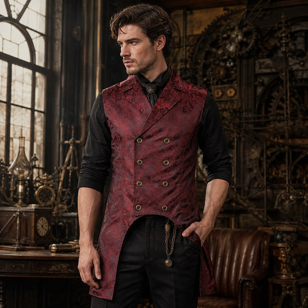 Veste Costume Gothique Sans Manche Homme Rouge - portée debout, ambiance atelier steampunk