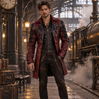 Homme portant la veste steampunk gothique en simili cuir rouge et noir dans une gare vintage a vapeur