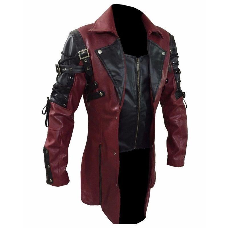 Veste steampunk gothique en simili cuir rouge et noir pour homme, vue de face