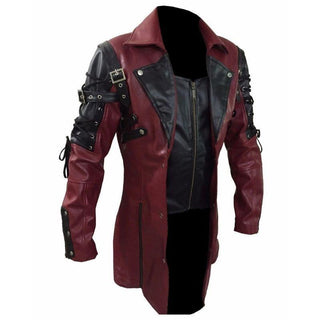 Veste steampunk gothique en simili cuir rouge et noir pour homme, vue de face