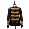 Veste Militaire Steampunk noire à brandebourgs dorés, vue de face sur buste