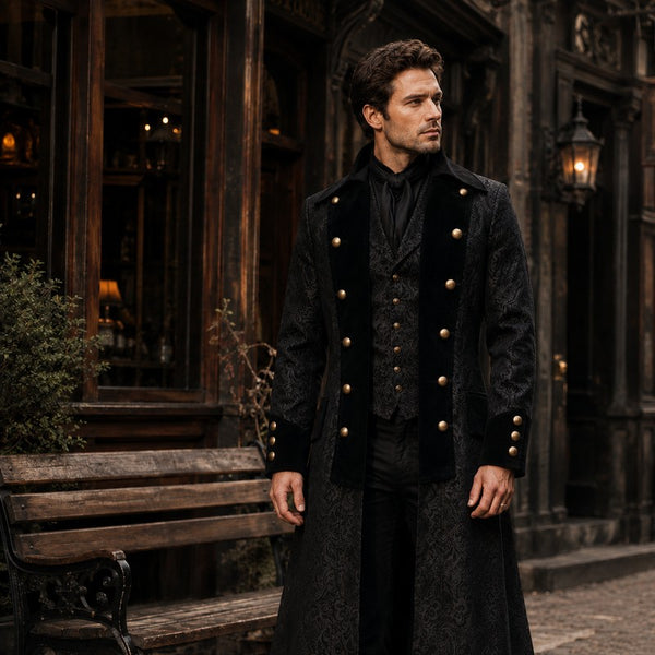 Veste Steampunk Homme Victorienne - portée dans une rue steampunk, ambiance nocturne