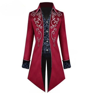Veste steampunk gothique redingote rouge a broderies argentees pour homme, vue de face