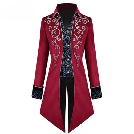 Veste steampunk gothique redingote rouge a broderies argentees pour homme, vue de face
