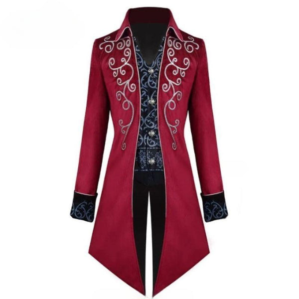 Veste steampunk gothique redingote rouge a broderies argentees pour homme, vue de face