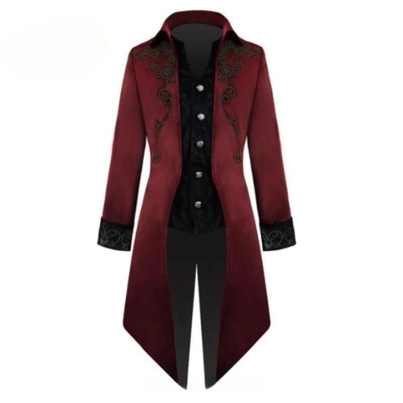 Veste steampunk gothique redingote rouge a parements noirs pour homme, vue de face