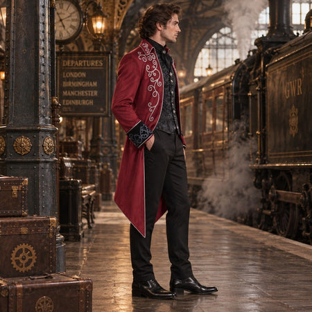 Homme portant la veste steampunk gothique rouge dans une gare vintage a vapeur