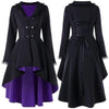 Veste longue style victorien pour femme, noir et violet, vues de face et de dos