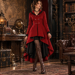 Femme portant la veste victorienne rouge, ambiance steampunk victorienne