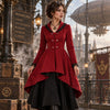 Femme portant la veste victorienne rouge dans une rue steampunk a vapeur