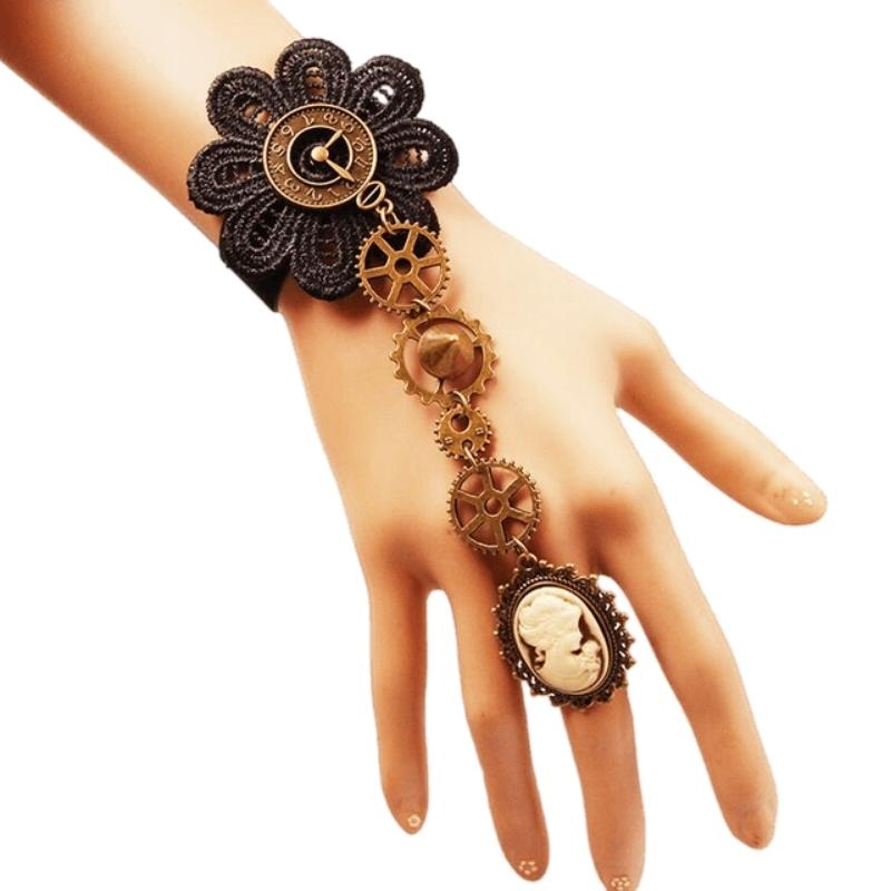 Bracelet Manchette Dentelle Steampunk Gothique - Accessoire Vintage Avec Engrenages Et Chaîne