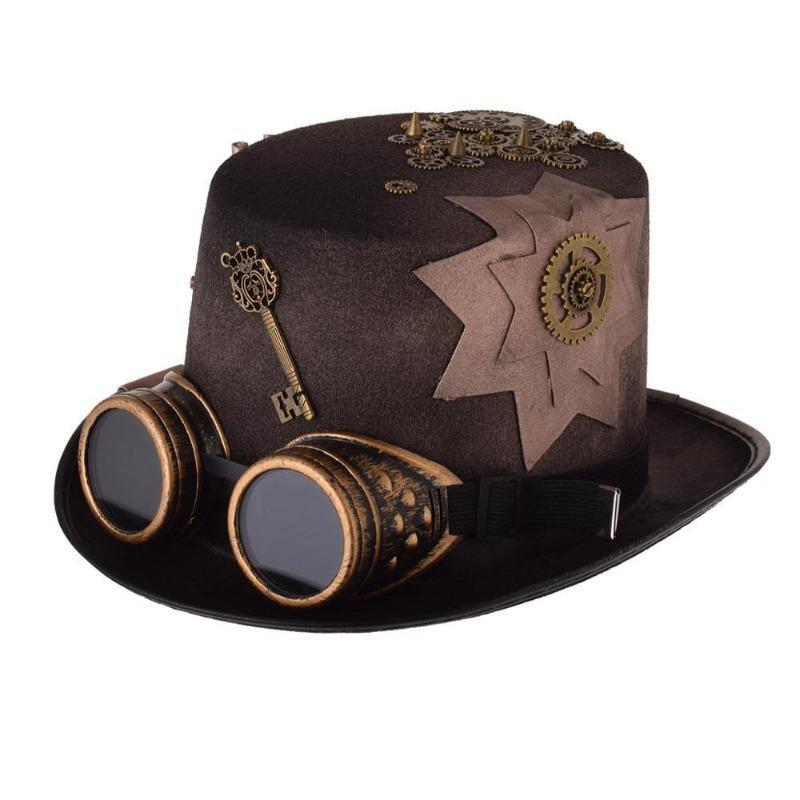 Chapeau Haut-de-forme Steampunk Avec Lunettes - Accessoire Costume Rétro, Cuir, Taille 56-58 Cm, Pour Cosplay, Fêtes