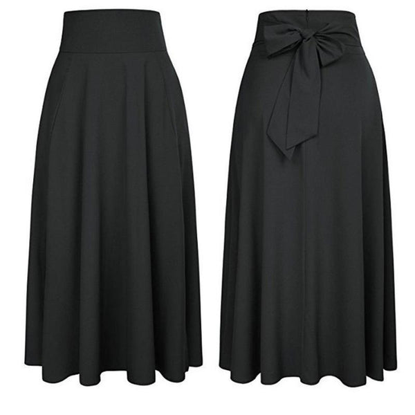 Jupe longue noire à poches, vues avant et arrière avec nœud à la taille