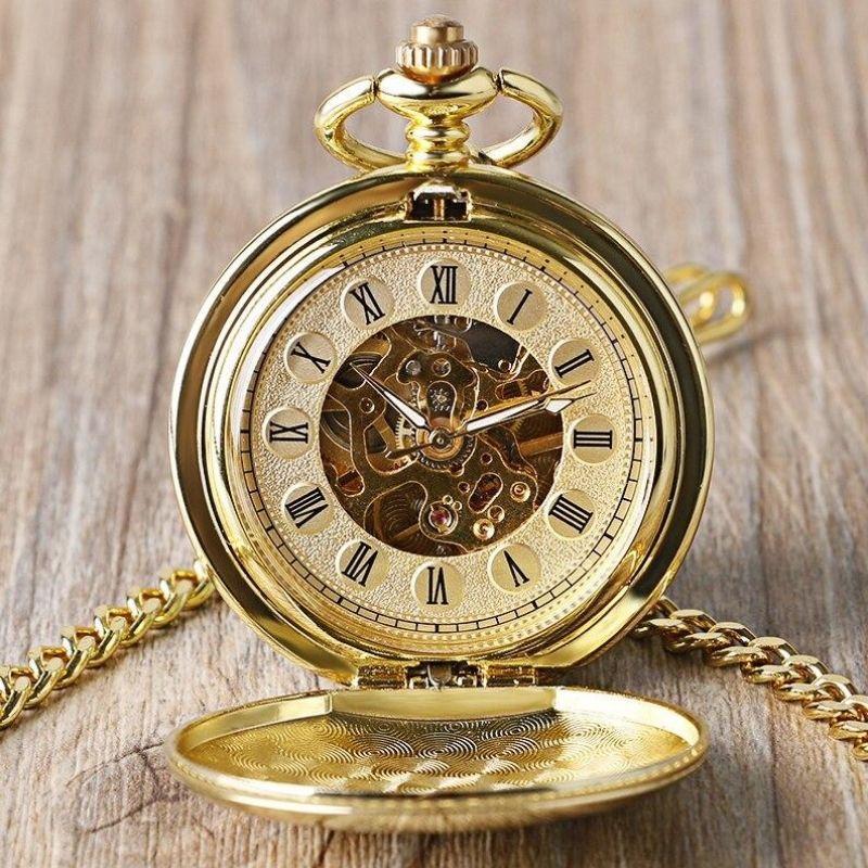 TREEWETO Montre Gousset Mécanique Squelette Steampunk – Montre Poche Rétro Dorée Avec Chaîne, Mouvement Manuel Visible