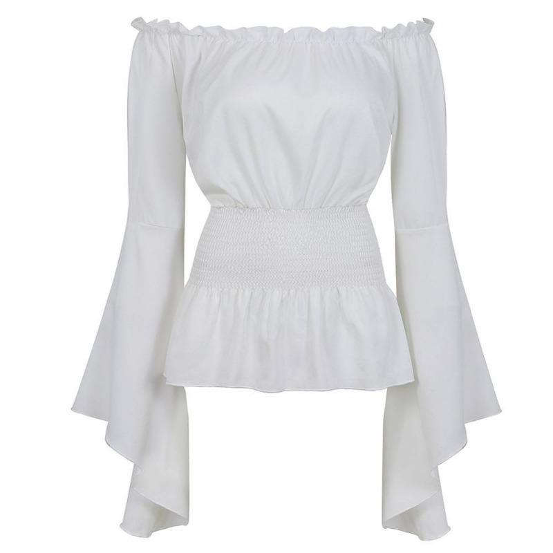 Chemise Renaissance Femme blanche vue de face, manches évasées et taille smockée