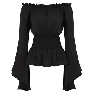 Chemise Renaissance Femme noire vue de face, col Bardot et manches évasées