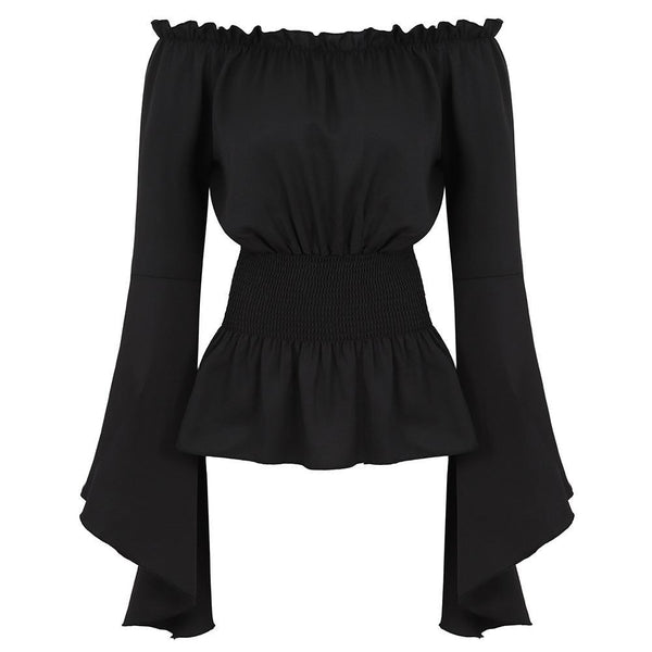 Chemise Renaissance Femme noire vue de face, col Bardot et manches évasées