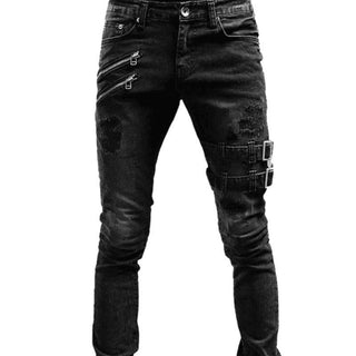 Jean Punk Homme noir délavé effet destroy avec doubles zips et boucles métalliques, vue de face