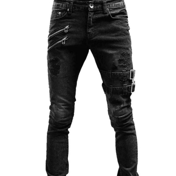 Jean Punk Homme noir délavé effet destroy avec doubles zips et boucles métalliques, vue de face