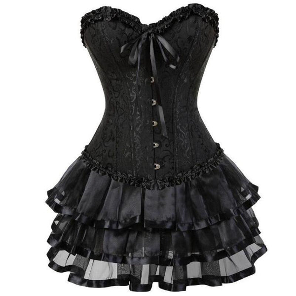 Robe steampunk courte noire, corset et jupe à volants, vue de face